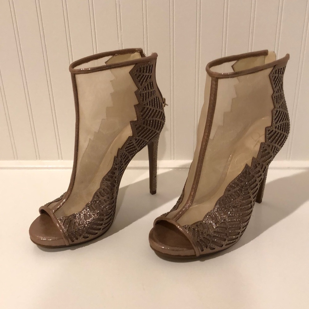 Jessica Simpson, gold accent. Open toe booties, high heel